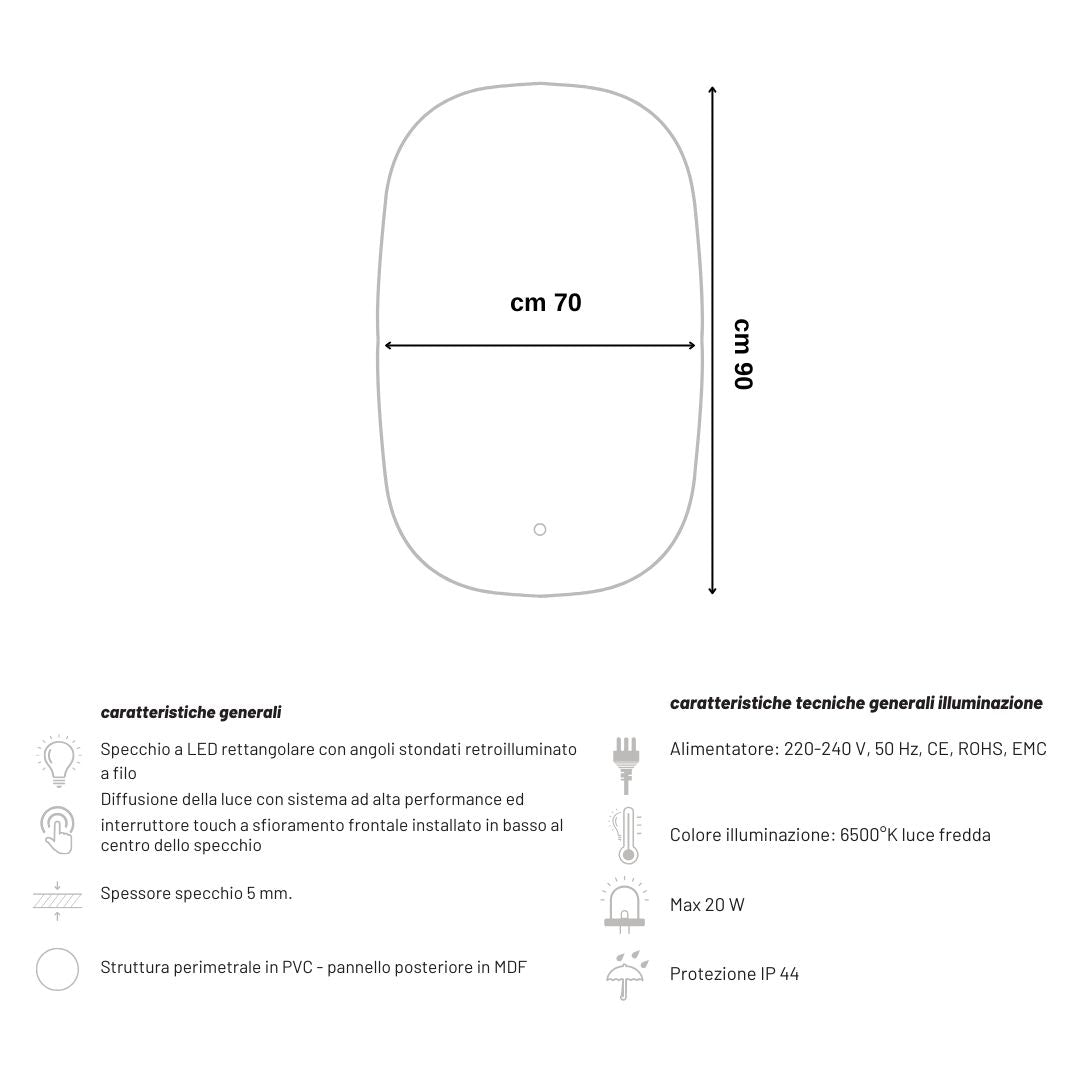 Specchio 5 mm rettangolare stondato retroilluminato interruttore touch *** misure 70x90 cm, tonalità dimmerabile 270...