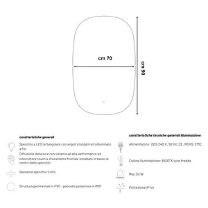 Specchio 5 mm rettangolare stondato retroilluminato interruttore touch *** misure 70x90 cm, tonalità dimmerabile 270...