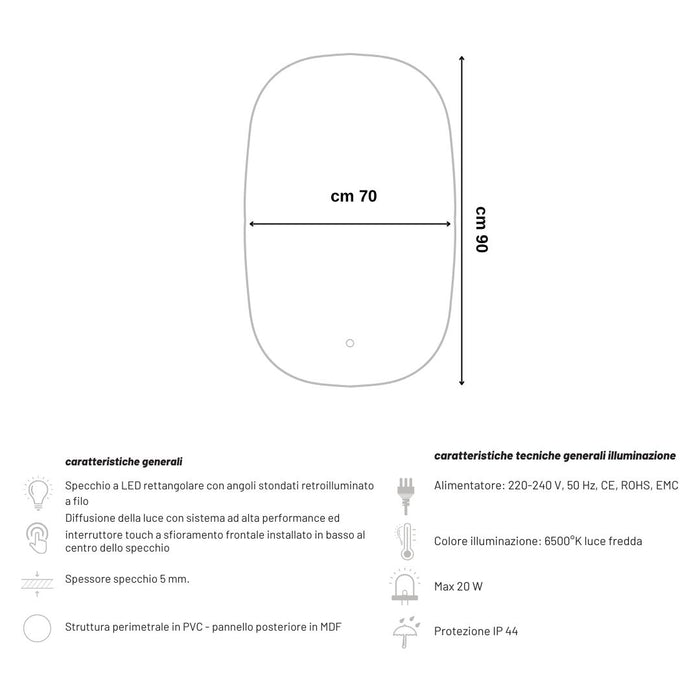 Specchio 5 mm rettangolare stondato retroilluminato interruttore touch *** misure 70x90 cm, tonalità dimmerabile 270...