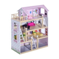 Casa delle Bambole per Bambini 3+ Anni in Legno di Pino e MDF a 4 Piani con 13 Accessori, Rosa, 60x30x80 cm