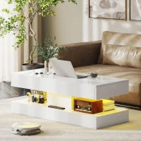 Tavolino da Salotto con Cassetti e Luci LED, Tavolino da Caffè Moderno con Ripiano Aperto, Tavolino, Truciolato, Bianco