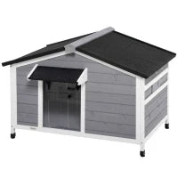 Casetta per Cani in Legno con Design Rialzato, Tenda Protettiva e 2 Finestre, 109x79x72 cm