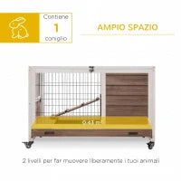 Conigliera in Legno con 4 Ruote, Casetta per Conigli e Rampa, 90x53x59cm, Marrone