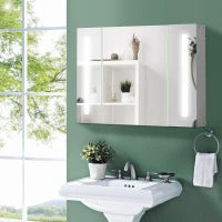 kleankin Armadietto Specchiera da Bagno con 3 Armadietti, 3 Ripiani e Luce LED, 90x15x65 cm, Bianco
