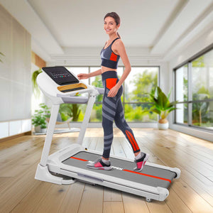 Vega 2500 - Tapis roulant elettrico pieghevole salvaspazio con inclinazione automatica e cardiofrequenzimetro, dettagli in legno elegante