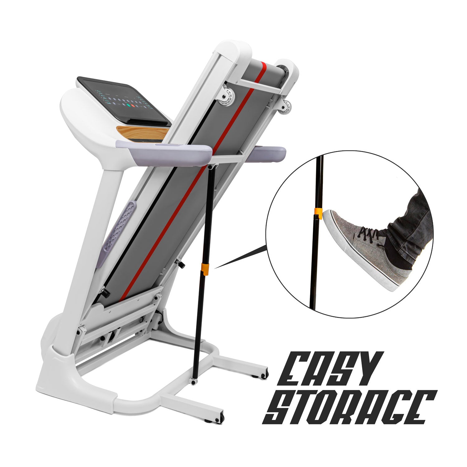 Vega 2500 - Tapis roulant elettrico pieghevole salvaspazio con inclinazione automatica e cardiofrequenzimetro, dettagli in legno elegante