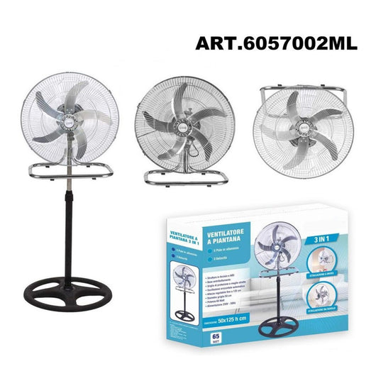 Trade Shop - Ventilatore 3in1 A Piantana Tavolo Muro 50cm 65 Watt Con 5 Pale 3 Velocità 6057002ml -