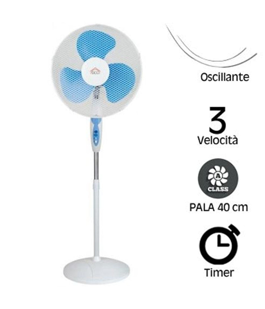 Ventilatore A Piantana Pala 40cm Base Tonda Oscillante 3 Velocità  Timer 65w         
