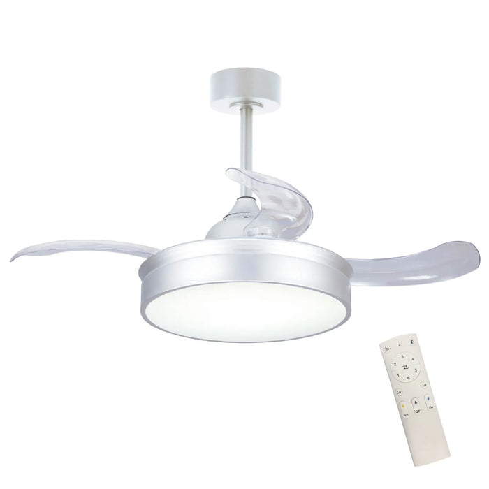 LÚZETE - VENTILATORE DA SOFFITTO LED 24W REGOLABILE ARGENTO 4 PALE PIEGHEVOLI MOTORE DC PALMA