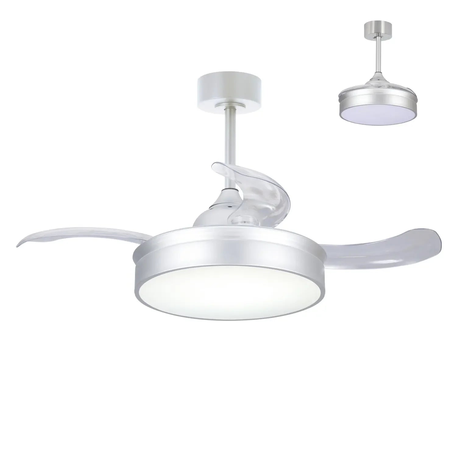 LÚZETE - VENTILATORE DA SOFFITTO LED 24W REGOLABILE ARGENTO 4 PALE PIEGHEVOLI MOTORE DC PALMA