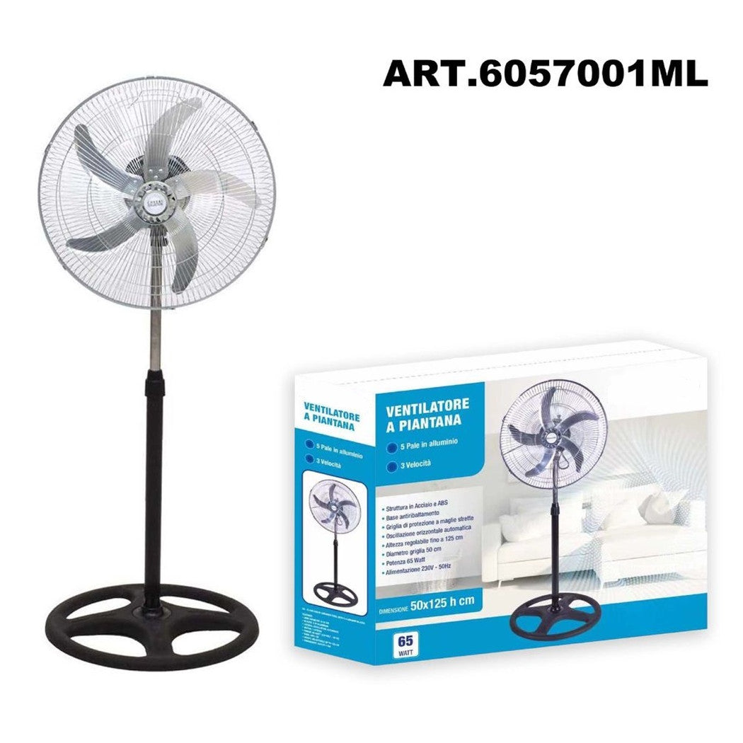 Trade Shop - Ventilatore In Acciaio 65w A Piantana Antiribaltamento Con 5 Pale 3 Velocità 6057001ml -