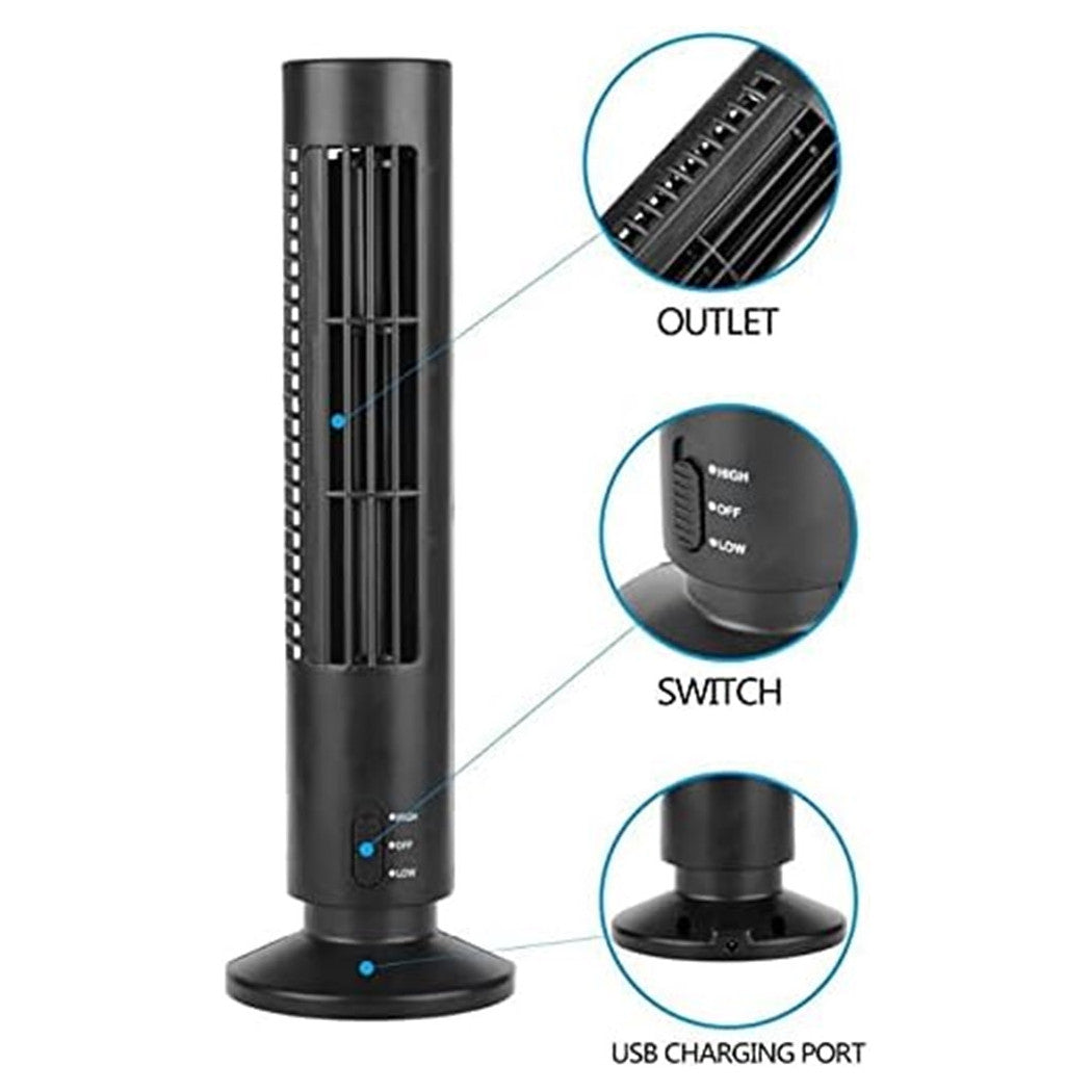 Trade Shop - Ventilatore Verticale A Torre Senza Pale Portatile Ricarica Usb 3w 2 Velocita' 11x34cm -