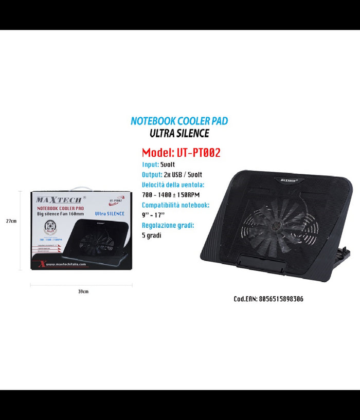 Ventola Di Raffreddamento Base Dissipatore Per Pc Notebook Pad 160mm Maxtech Vt-pt002         