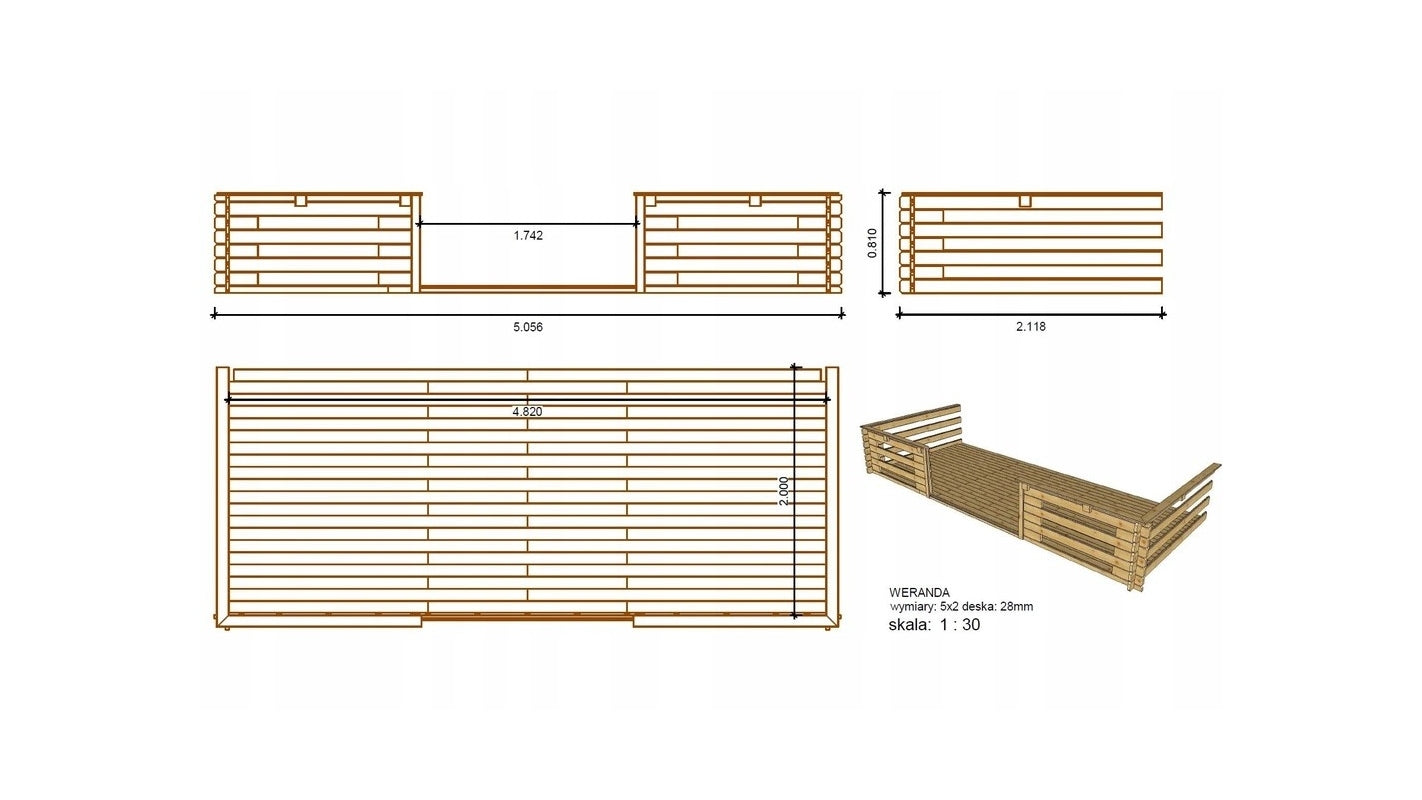 Veranda - 10.00m2 - 5.00m x 2.00m - impregnata - colore: marrone - DOM603 - ALTANKA