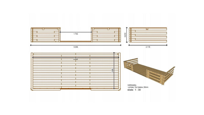 Veranda - 10.00m2 - 5.00m x 2.00m - impregnata - colore: marrone - DOM603 - ALTANKA