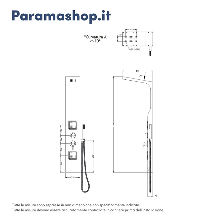 Pannello doccia in alluminio nero opaco a 3 funzioni con doccino |  Vernel
