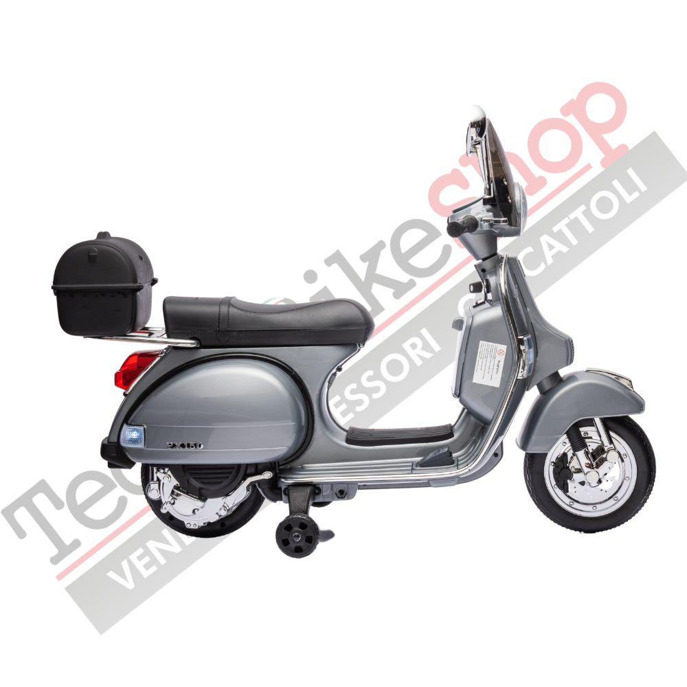 Moto Scooter Elettrico per Bambini Piaggio VESPA PX150 FULL con Parabrezza e Bauletto 12V-Grigio