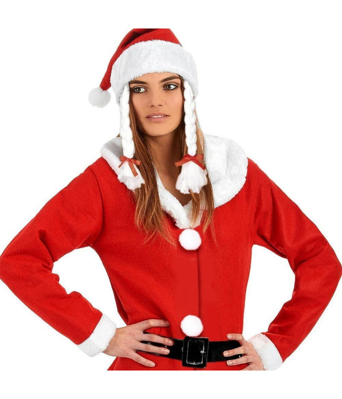 Vestito Babbo Natale Donna Mamma Natale Colore Rosso Cappello Con Trecce         