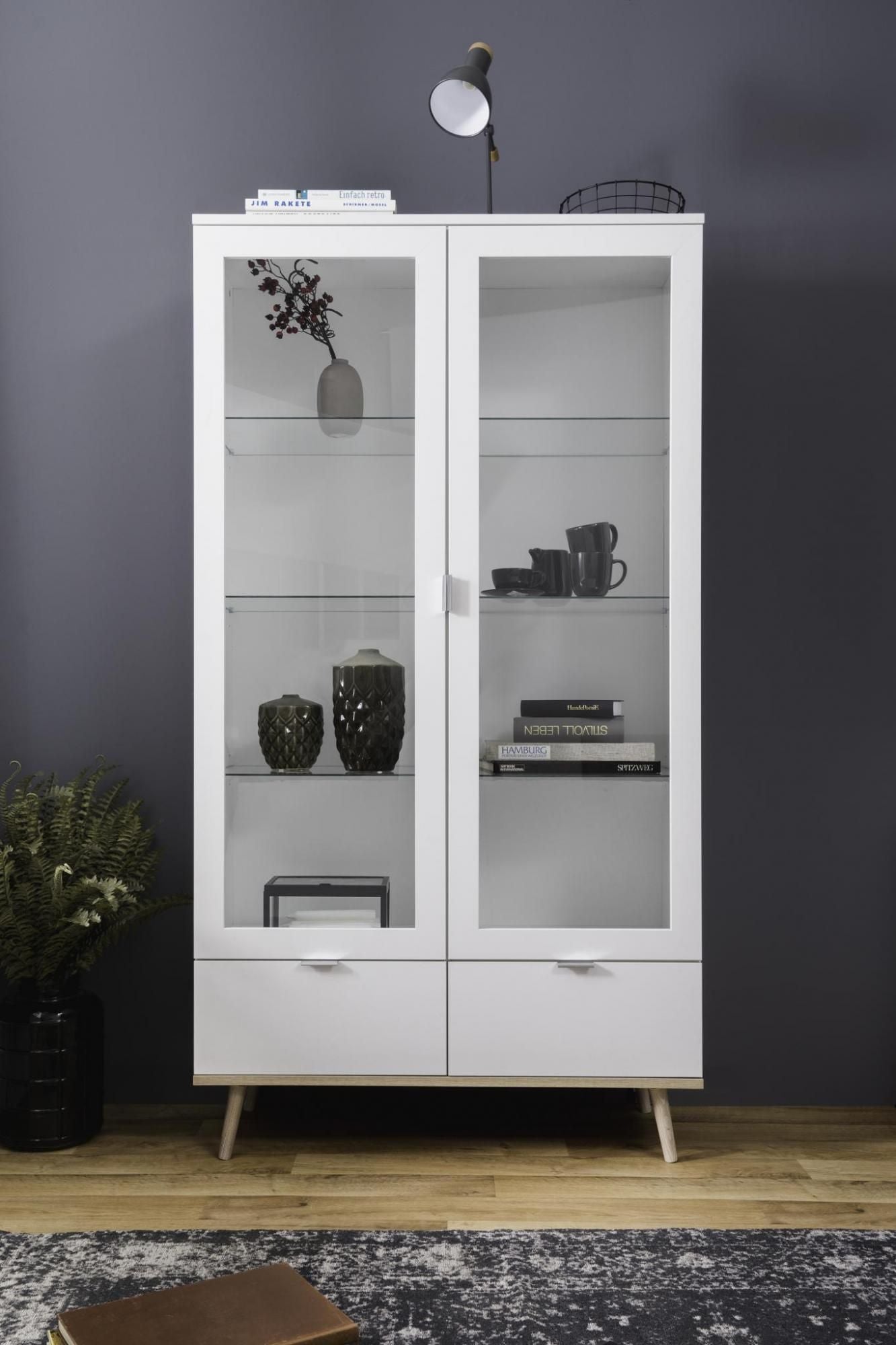 Vetrina in stile nordico con 2 ante e 2 cassetti in finitura Bianco e Quercia, ZFRVETGOT54