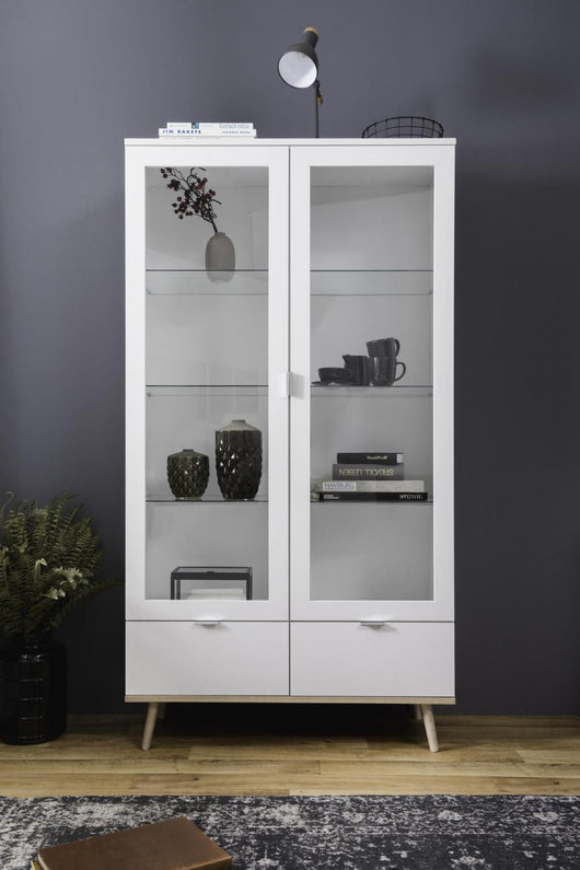 Vetrina in stile nordico con 2 ante e 2 cassetti in finitura Bianco e Quercia, ZFRVETGOT54