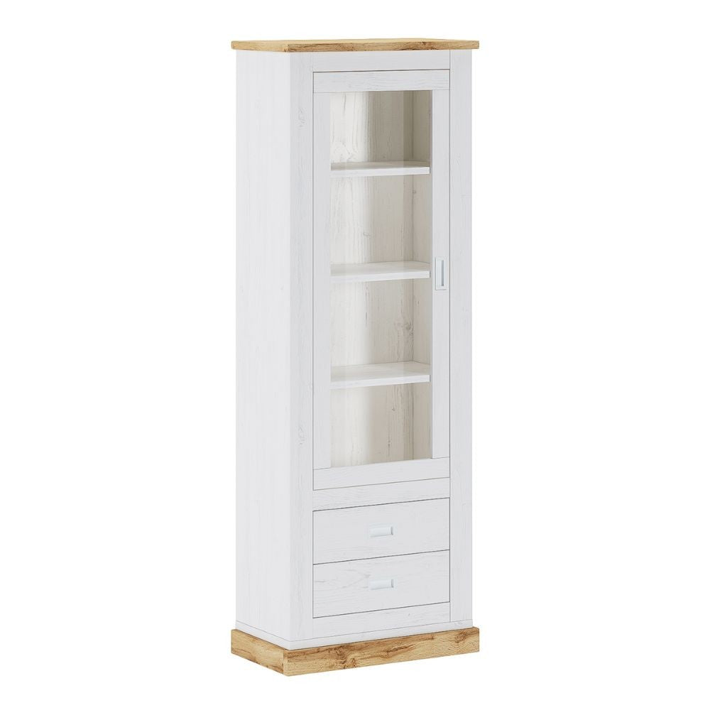 Vetrina colore pino bianco e rovere 2 cassetti e anta Anthony23 73x39,6x204H stile shabby