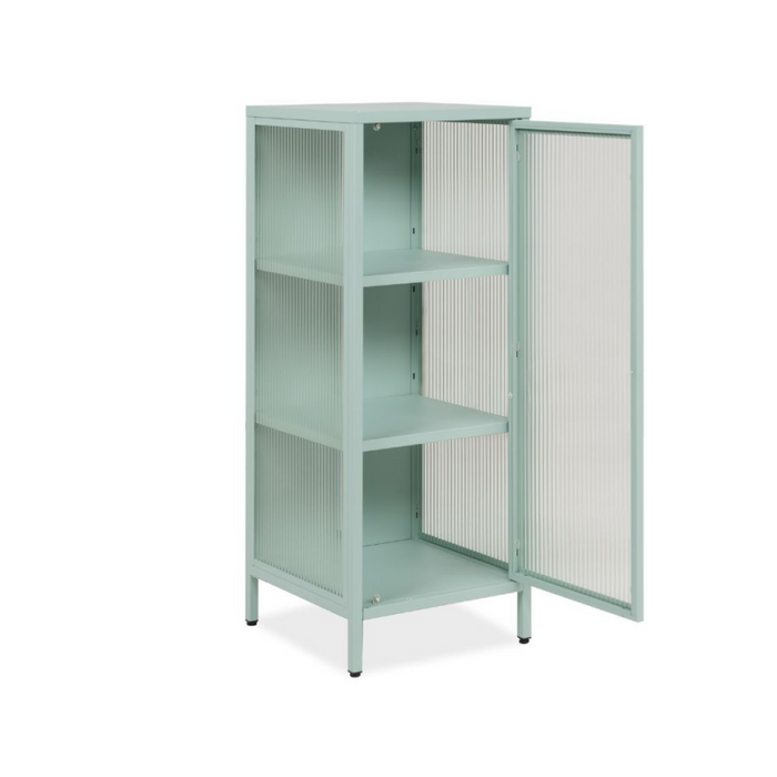 Vetrina Milton 01A in acciaio laminato con 1 anta vetro temperato ondulato colore verde menta