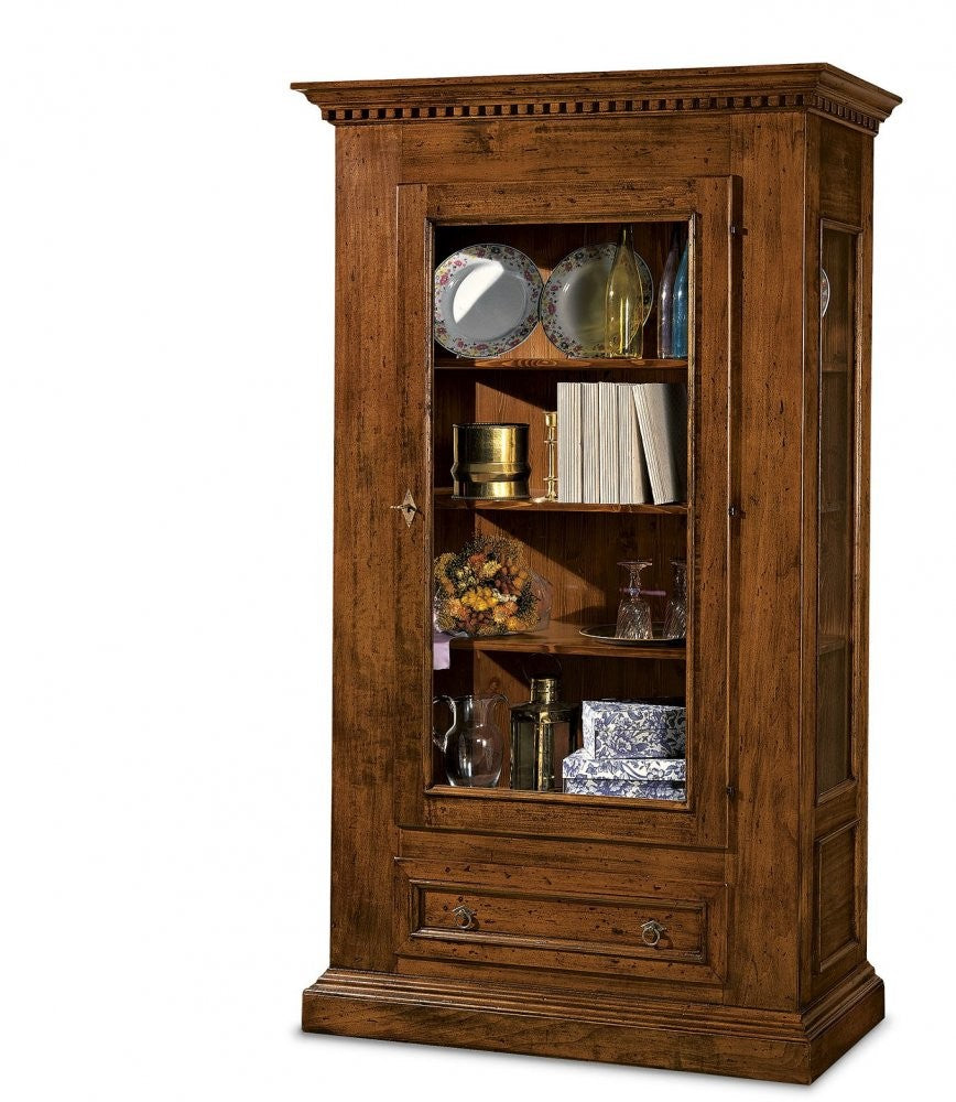 Vetrina 1 porta 1 cassetto in legno tinta noce l.118 x p.47 h.198