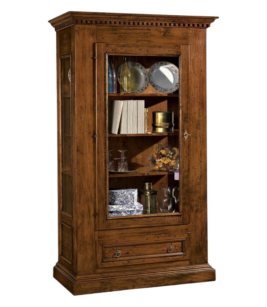 Vetrina 1 porta 1 cassetto in legno tinta noce l.118 x p.47 h.198