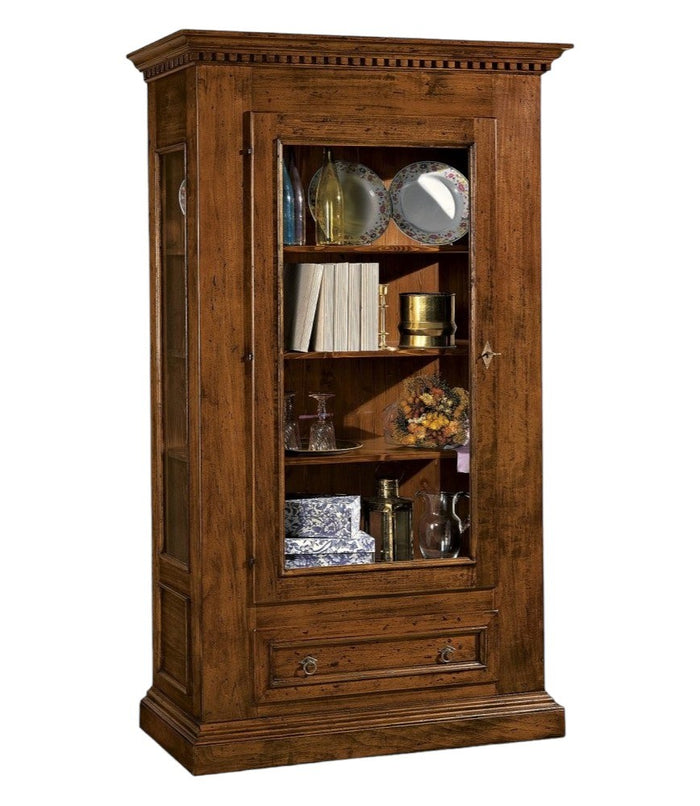 Vetrina 1 porta 1 cassetto in legno tinta noce l.118 x p.47 h.198