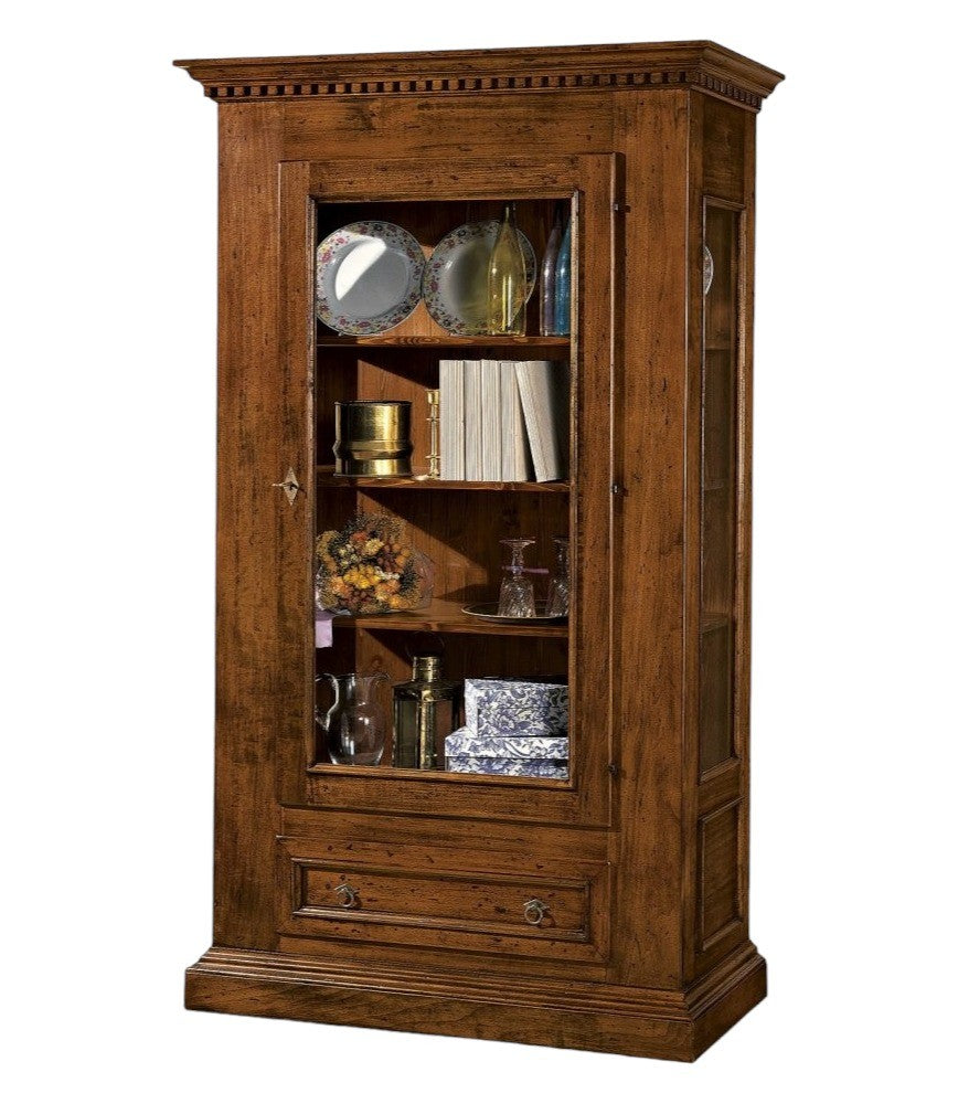 Vetrina 1 porta 1 cassetto in legno tinta noce l.118 x p.47 h.198