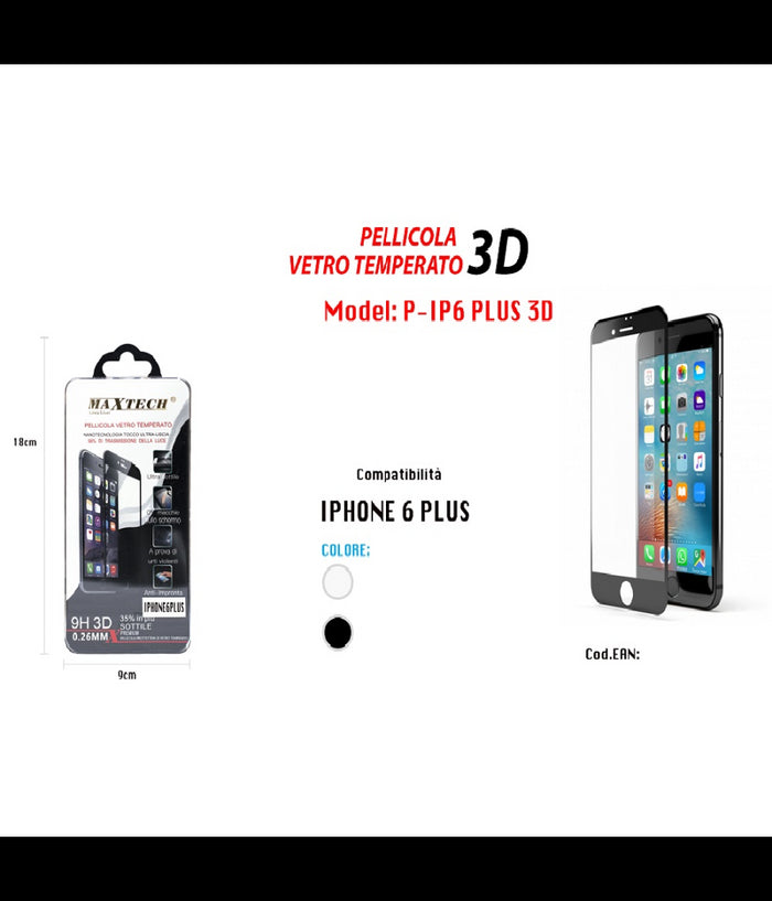 Vetro Temperato 3d Proteggi Schermo Pellicola Per Iphone 6 Plus Maxtech P-ip6 Plus 3d         
