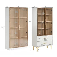 Set di Vetrine Moderne con Illuminazione LED e Ripiani Regolabili, adatte per soggiorno, ufficio, in Vetro, 80x40x160 cm + 70x35x150 cm, Bianco