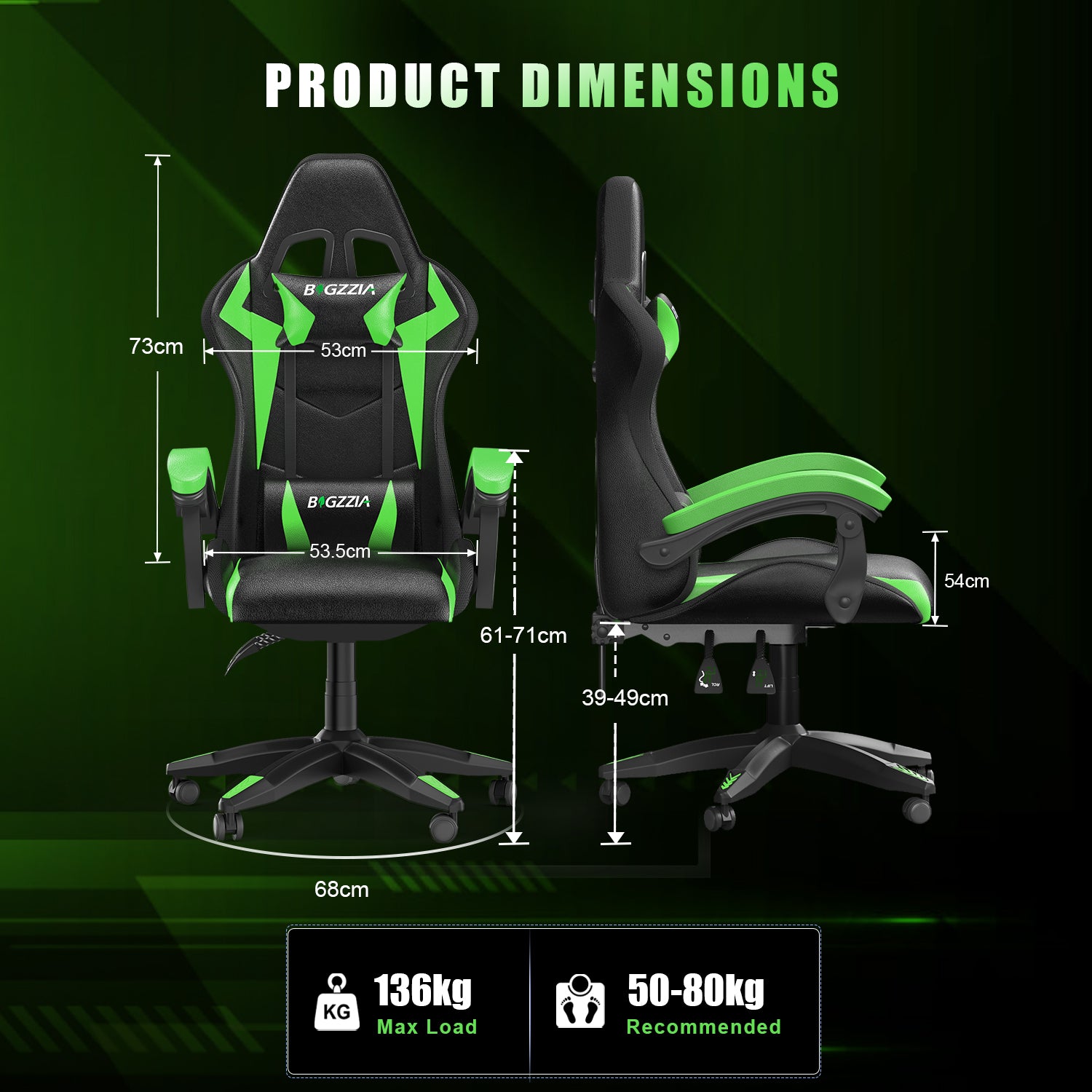 Sedia Gaming RGB LED - RATTANTREE - Sedia poltrona da gaming per ufficio videogiochi reclinabile - sedia gaming ergonomica in Pelle Pu - con Poggiatesta - Verde