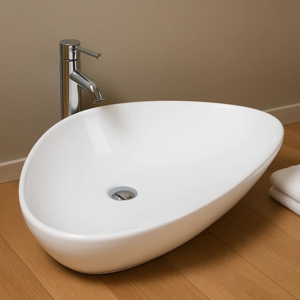 Lavabo d'appoggio in ceramica bianco triangolare lavandino arredo bagno *** misure 67x44x15 cm, confezione 1