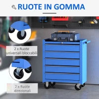 Carrello da Officina a 5 Cassetti con Ruote in Metallo Blu, 67.5x 33 x 77cm