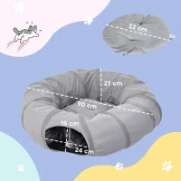 Tunnel per gatti con letto e cuscino, pieghevole, con fori per palline e porticina, Ø 90 x 27 cm grigio