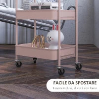 Carrello da Cucina a 3 Livelli con Maniglie e 4 Rotelle, in Acciaio, 45x30.6x79 cm, Rosa