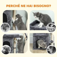 Torre per Gatti Fino a 7 kg con 2 Casette e Lettino, Palo in Sisal e Rivestimento Peluche, Grigio Scuro