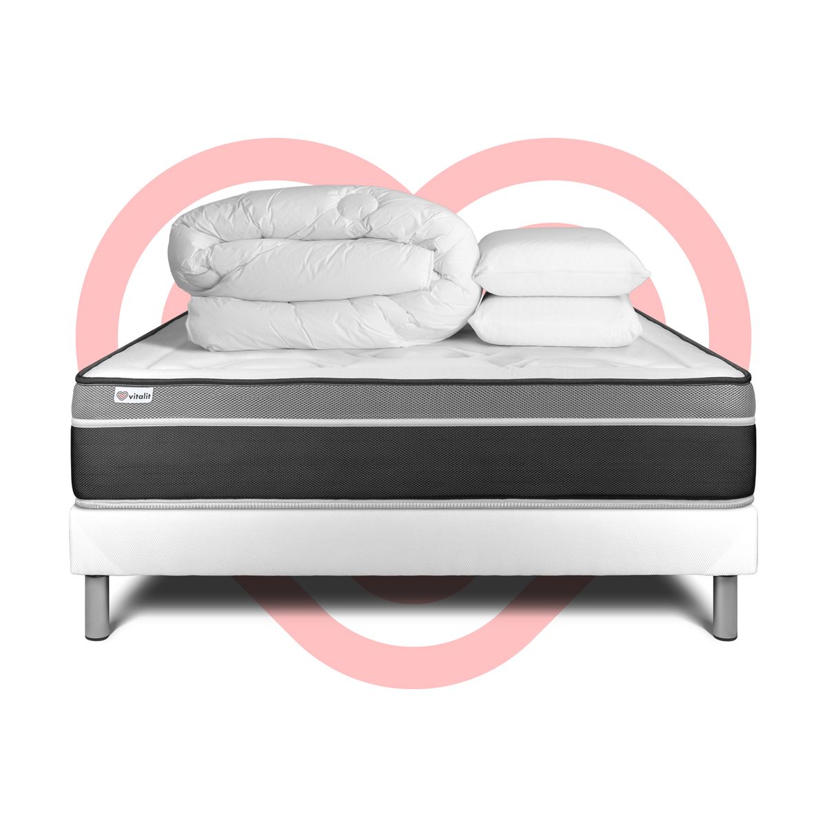 Pacchetto letto completo - Materasso 140x190cm + Box spring con doghe (in kit) + 2 cuscini + Piumino - Vital Care