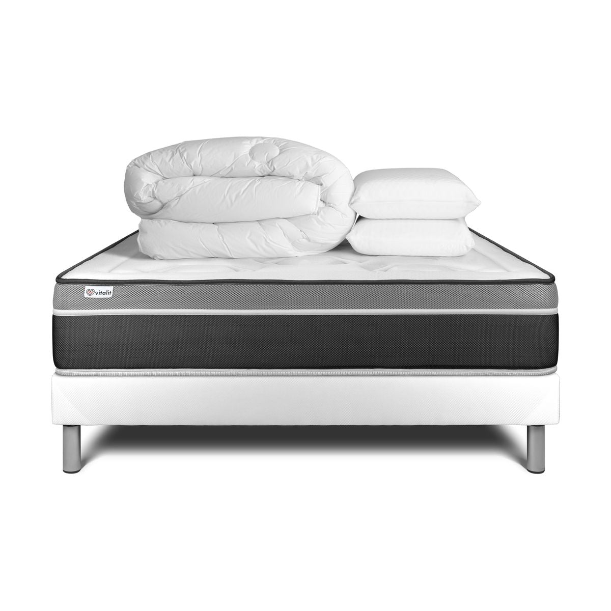 Pacchetto letto completo - Materasso 140x190cm + Box spring con doghe (in kit) + 2 cuscini + Piumino - Vital Care