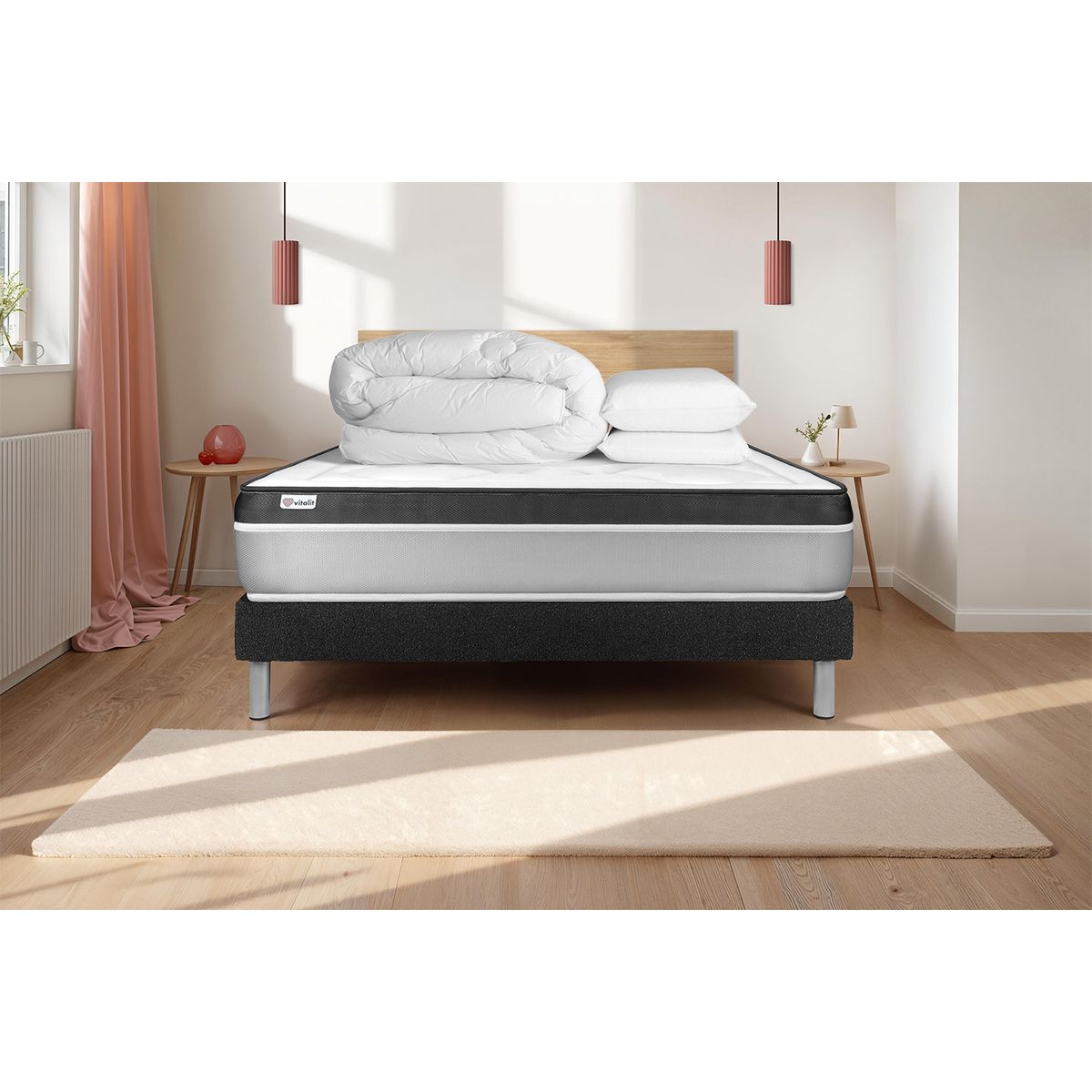 Pacchetto letto completo - Materasso 140x190cm + Box spring con doghe (in kit) + 2 cuscini + Piumino - Vital Ergo
