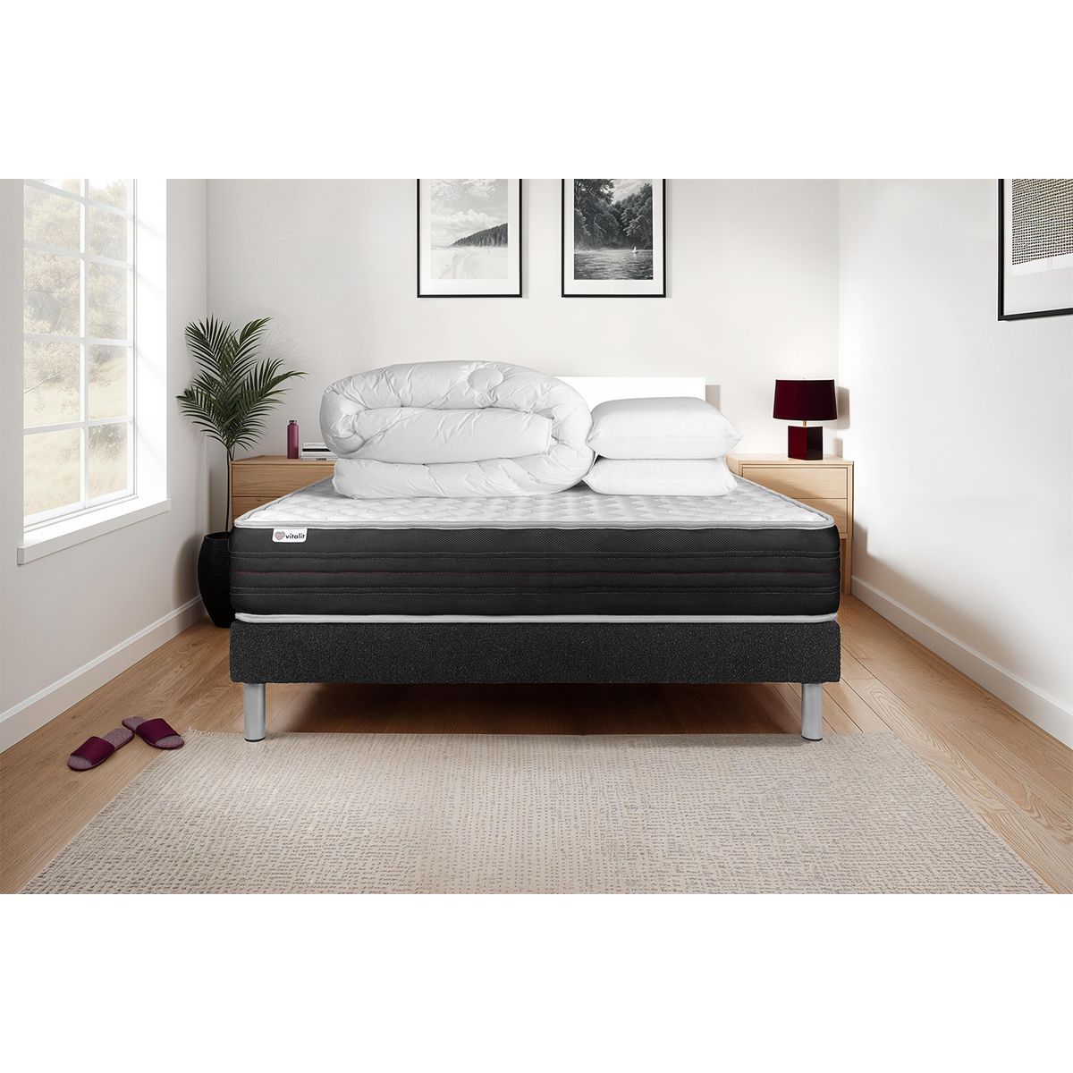 Pacchetto letto completo - Materasso 160x200cm + Box spring con doghe (kit) + 2 cuscini + Piumino - Vitalmemo One