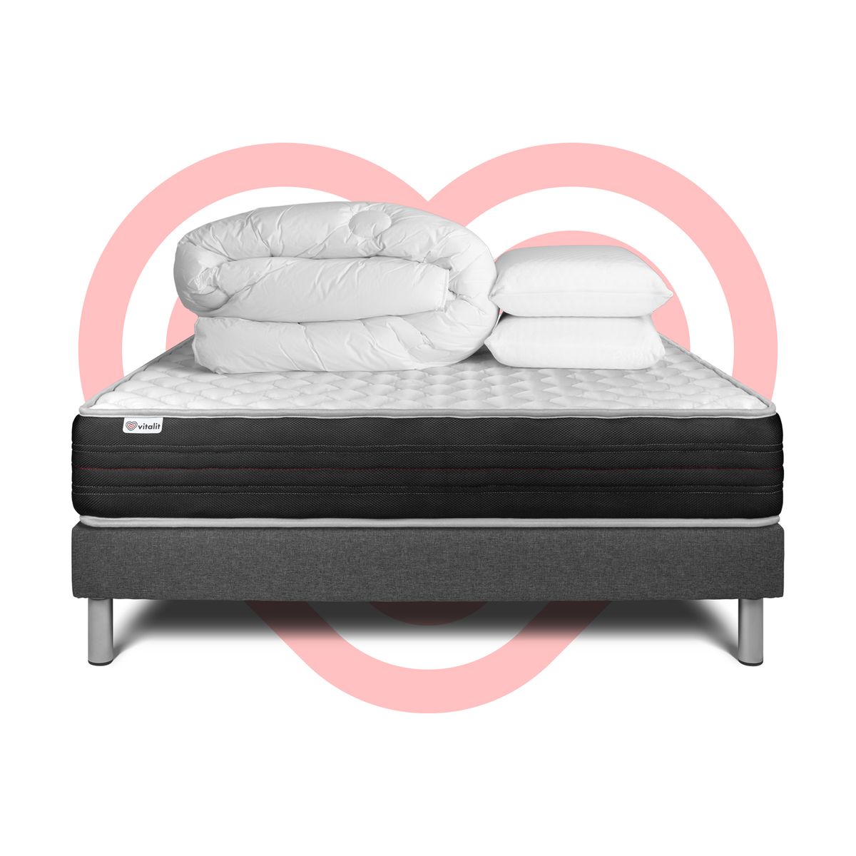 Pacchetto letto completo - Materasso 140x190cm + Box spring con doghe (in kit) + 2 cuscini + Piumino - Vitalmemo One