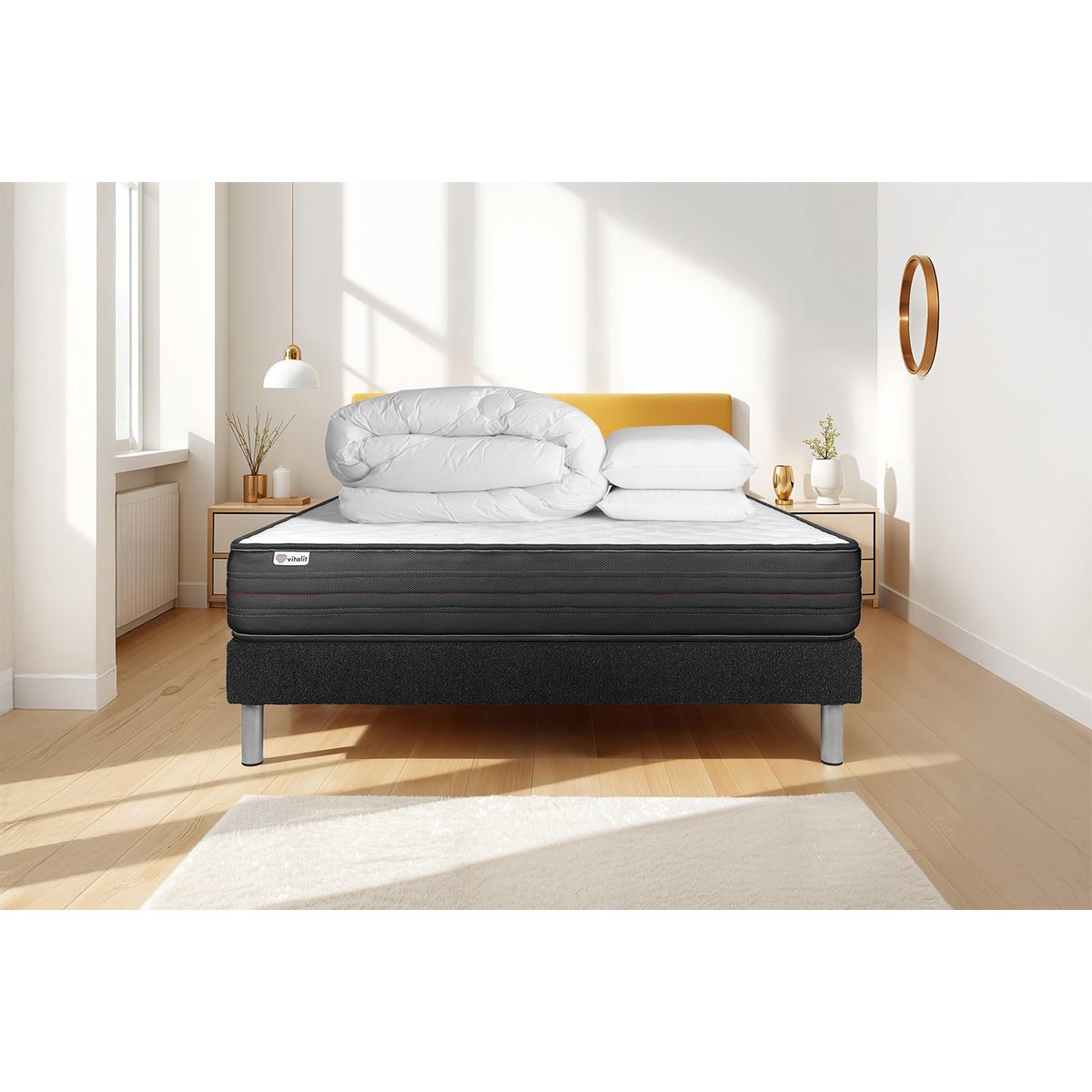 Pacchetto letto completo - Materasso 140x190cm + Box spring con doghe (in kit) + 2 cuscini + Piumino - Vitalpower
