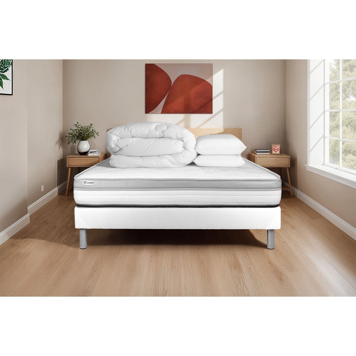 Pacchetto letto completo - Materasso 160x200cm + Box spring con doghe (kit) + 2 cuscini + Piumino - Vital Relax
