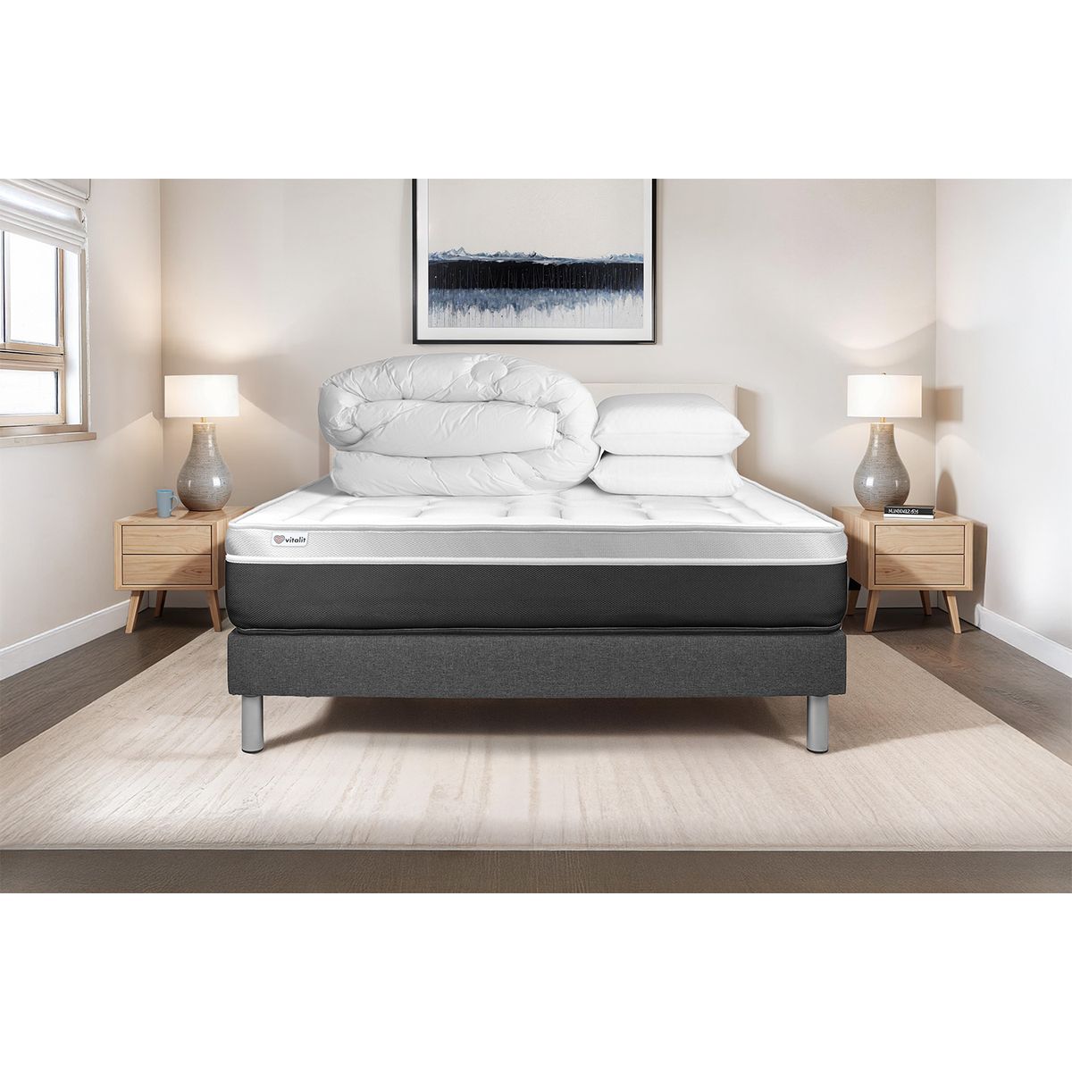 Pacchetto letto completo - Materasso 140x200cm + Box spring con doghe (kit) + 2 cuscini + Piumino - Vital Soft