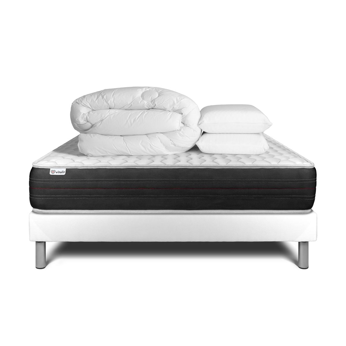 Pacchetto letto completo - Materasso 140x190cm + Box spring con doghe (in kit) + 2 cuscini + Piumino - Vitalspring