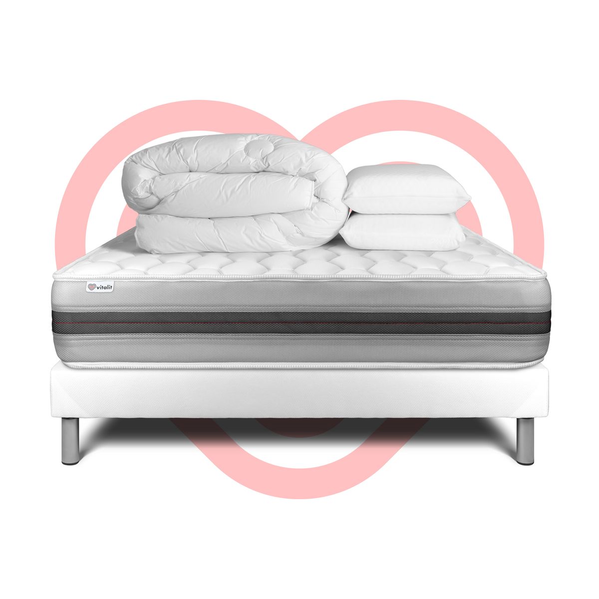 Pacchetto letto completo - Materasso 140x200cm + Box spring con doghe (in kit) + 2 cuscini + Piumino - Vitalspring Recover