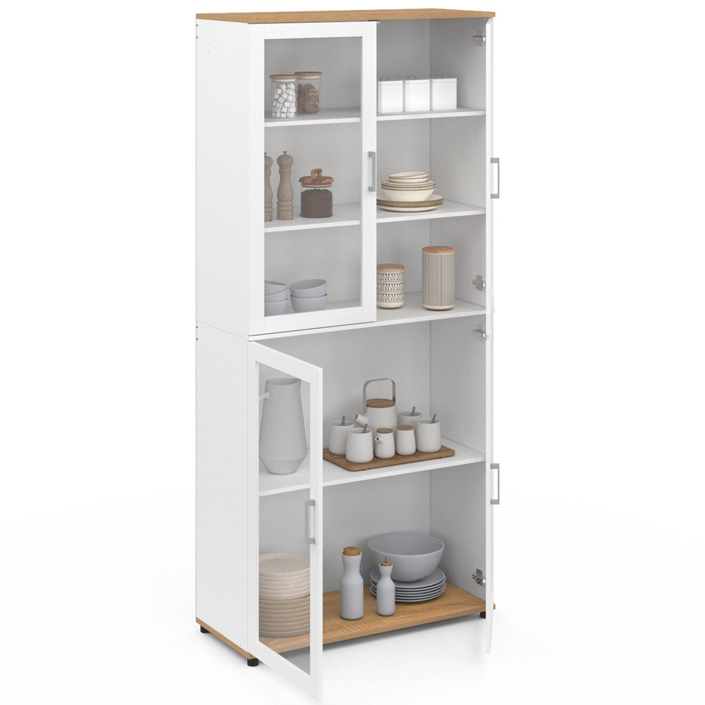 IDMarket - VITO Vitrina de 4 puertas de cristal blanco y efecto haya