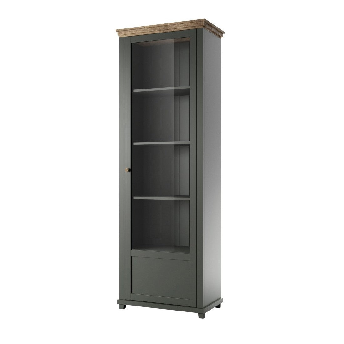 Vetrina con 1 porta e LED integrati, collezione ASSIA. Colori verde e rovere. Apertura a destra.